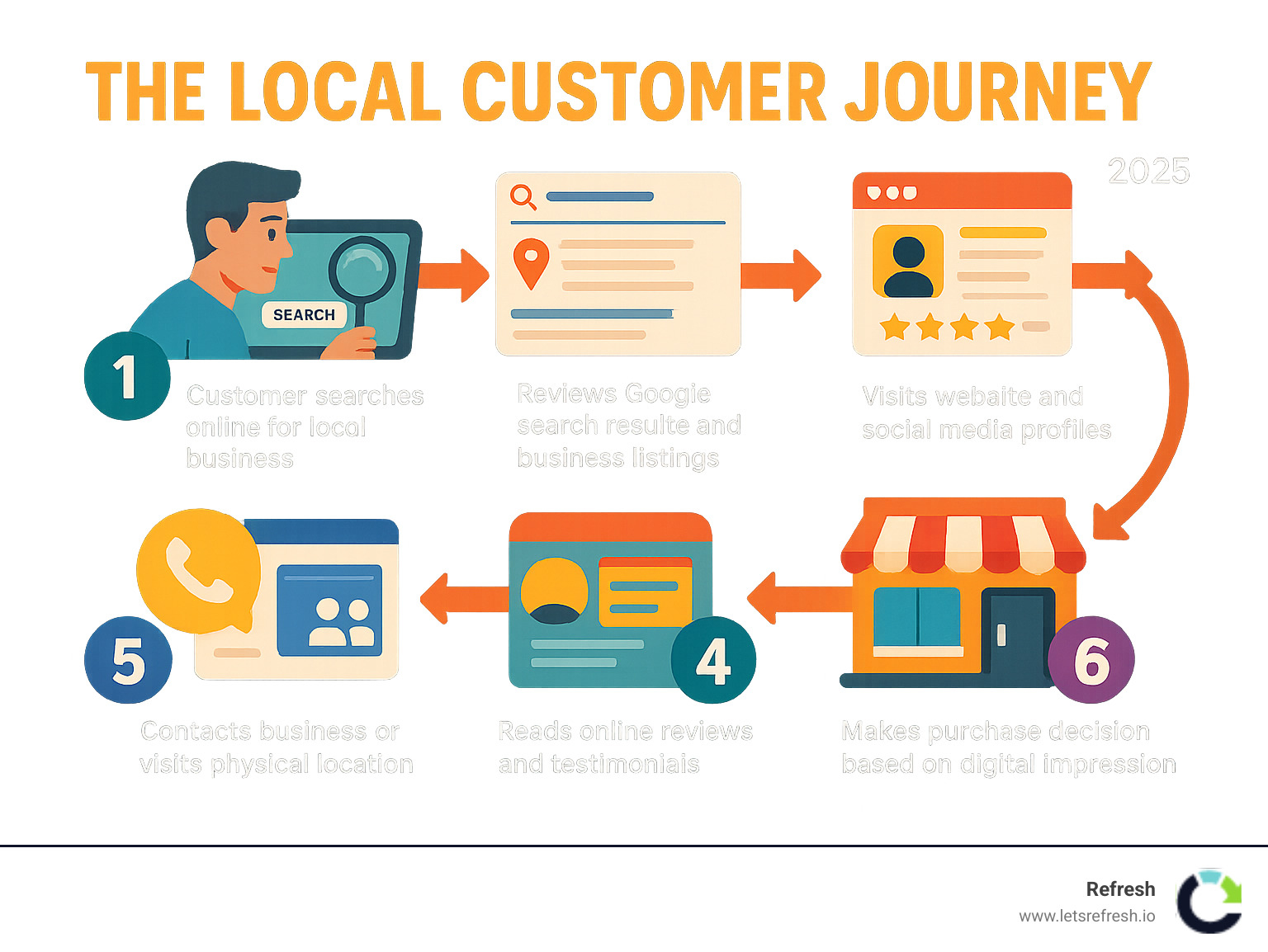 Infographic showing the local customer journey: 1) Customer searches online for local business 2) Reviews Google search results and business listings 3) Visits website and social media profiles 4) Reads online reviews and testimonials 5) Contacts business or visits physical location 6) Makes purchase decision based on digital impression - online marketing near me infographic 