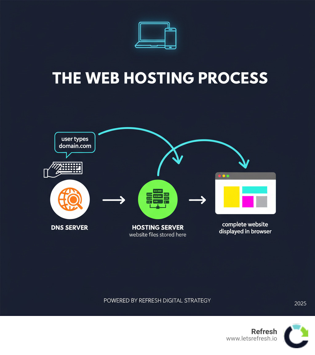 Infographic showing the web hosting process: user types domain name, request goes to DNS server, DNS points to hosting server, hosting server delivers website files back to user's browser, displaying the complete website - Website Hosting for Small Business infographic Infographic showing the web hosting process: user types domain name, request goes to DNS server, DNS points to hosting server, hosting server delivers website files back to user's browser, displaying the complete website - Website Hosting for Small Business infographic