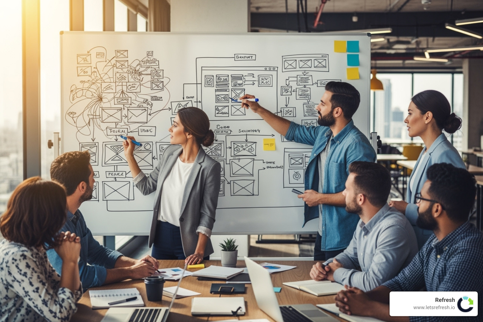 team collaborating on a whiteboard with wireframes and user flows - B2B website redesign team collaborating on a whiteboard with wireframes and user flows - B2B website redesign