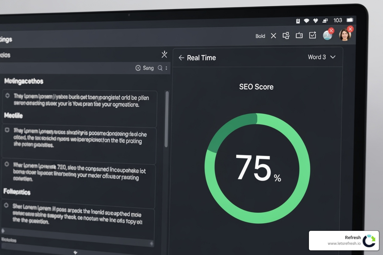 Content editor interface showing a real-time SEO score - best seo optimization software