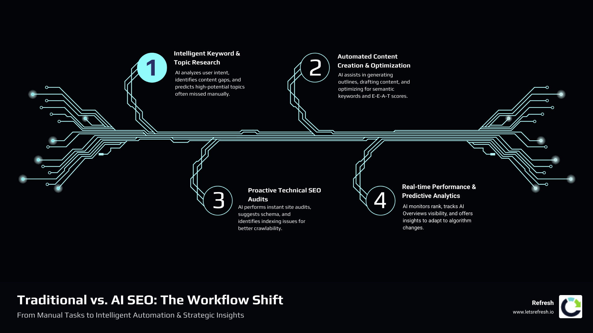 Comprehensive comparison infographic showing traditional SEO workflow with manual keyword research, content creation, and optimization steps versus AI-powered SEO workflow featuring automated content generation, predictive analytics, semantic analysis, and real-time optimization recommendations, highlighting time savings and improved accuracy - ai search engine optimization tools infographic infographic-4-steps-tech Comprehensive comparison infographic showing traditional SEO workflow with manual keyword research, content creation, and optimization steps versus AI-powered SEO workflow featuring automated content generation, predictive analytics, semantic analysis, and real-time optimization recommendations, highlighting time savings and improved accuracy - ai search engine optimization tools infographic infographic-4-steps-tech