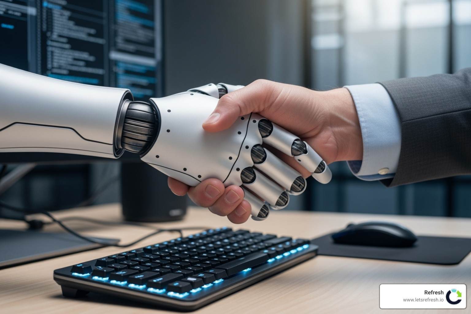 person and robot shaking hands over a computer - ai search engine optimization tools person and robot shaking hands over a computer - ai search engine optimization tools