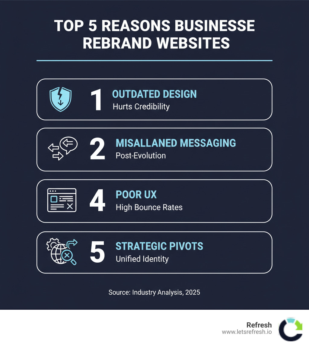 Infographic showing the top 5 reasons businesses rebrand their websites: 1) Outdated design hurting credibility 2) Misaligned brand messaging after business evolution 3) Poor user experience leading to high bounce rates 4) Targeting new market segments or audiences 5) Mergers, acquisitions, or strategic pivots requiring unified identity - website rebranding agency infographic Infographic showing the top 5 reasons businesses rebrand their websites: 1) Outdated design hurting credibility 2) Misaligned brand messaging after business evolution 3) Poor user experience leading to high bounce rates 4) Targeting new market segments or audiences 5) Mergers, acquisitions, or strategic pivots requiring unified identity - website rebranding agency infographic