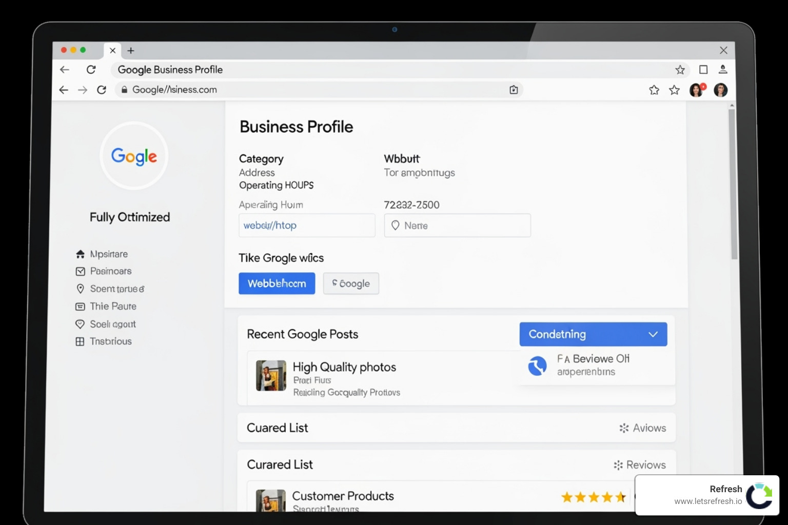 A fully optimized Google Business Profile showing a business's name, category, address, hours, website, phone number, a collection of high-quality photos, recent Google Posts with offers, a curated list of products, and a section for customer reviews and Q&A - Google My Business