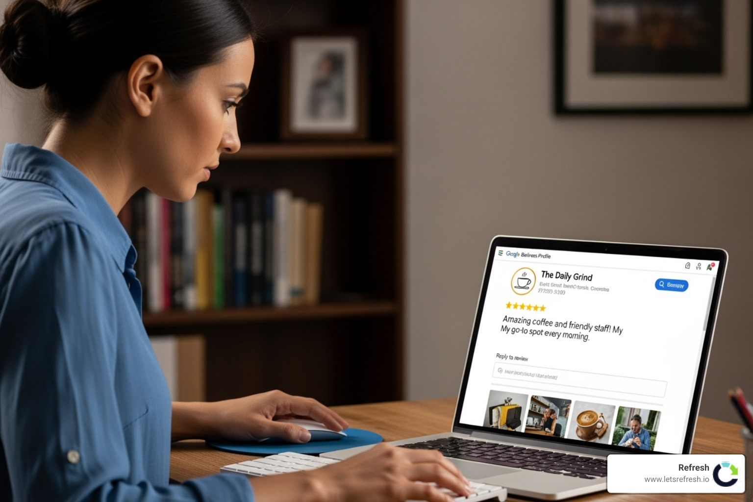 A business owner sitting at a desk, looking at a laptop screen which displays a Google Business Profile with a prominent customer review and a section for the owner to type a response - Google My Business