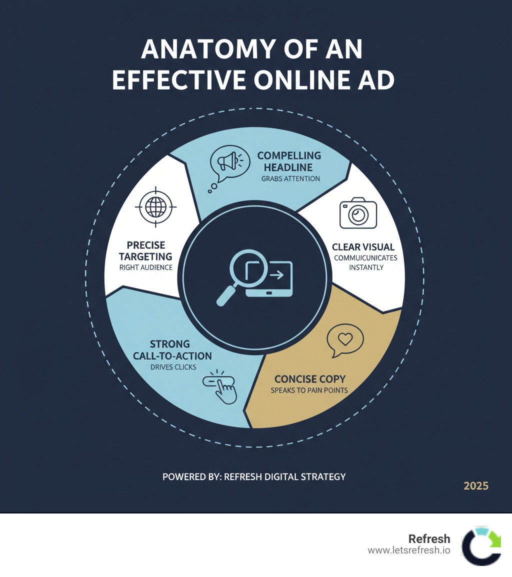 Infographic showing the anatomy of an effective online ad with five key components: a compelling headline that grabs attention, a clear visual that communicates instantly, concise copy that speaks to pain points, a strong call-to-action that drives clicks, and precise targeting that reaches the right audience - Effective online advertising infographic 