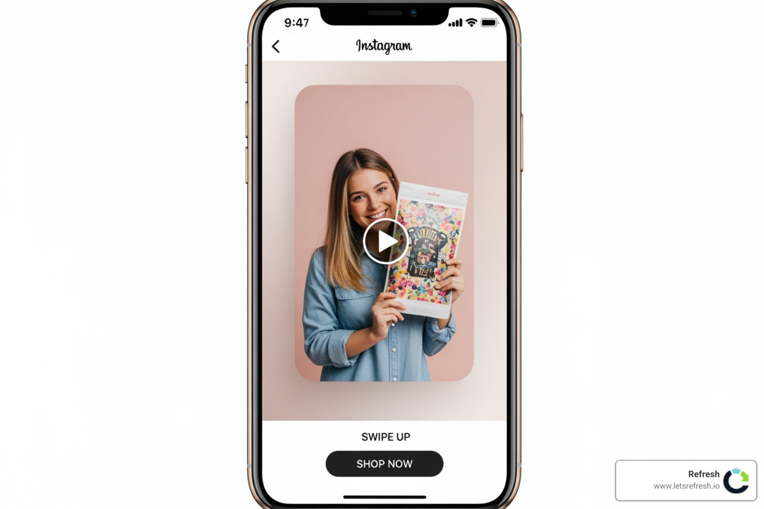 Mobile phone screen showing a well-designed Instagram story ad with a clear call to action - Effective online advertising