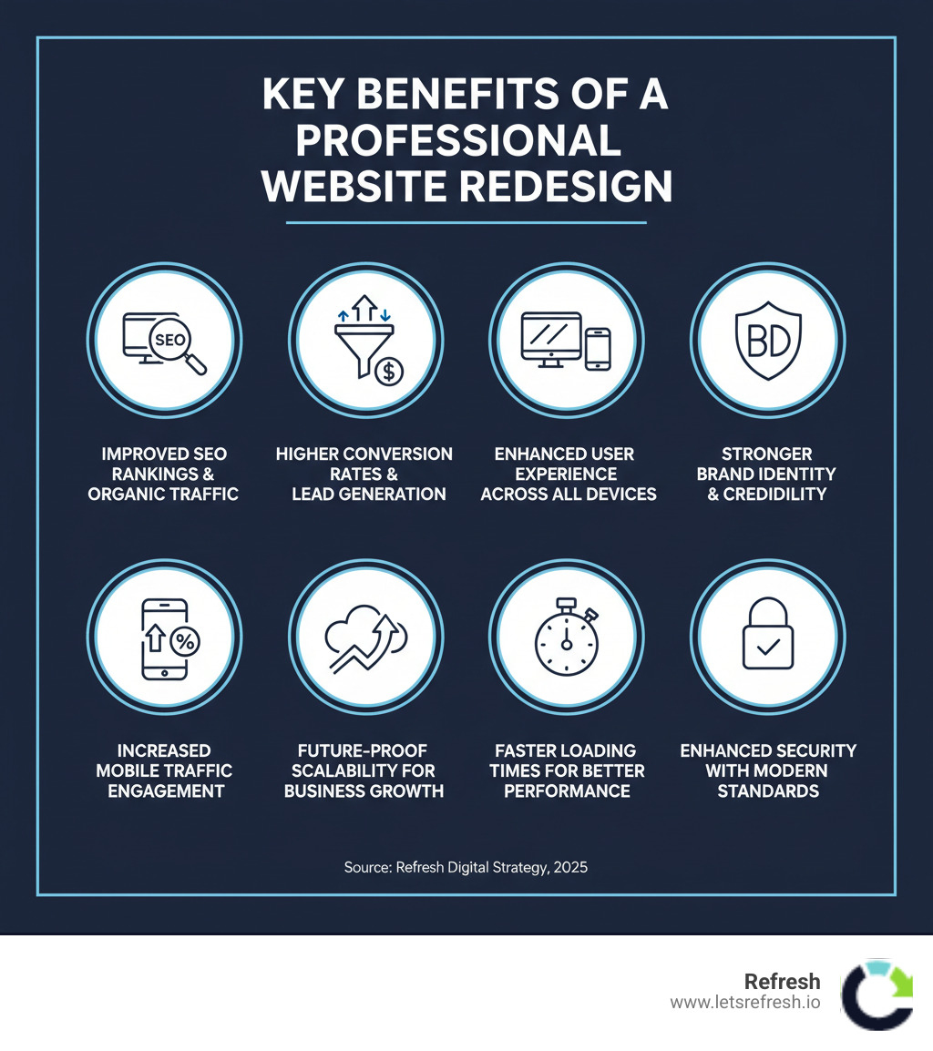 Infographic showing the key benefits of a professional website redesign: improved SEO rankings and organic traffic, higher conversion rates and lead generation, enhanced user experience across all devices, stronger brand identity and credibility, increased mobile traffic and engagement, future-proof scalability for business growth, faster loading times for better performance, and enhanced security with modern standards - website redesign near me infographic 