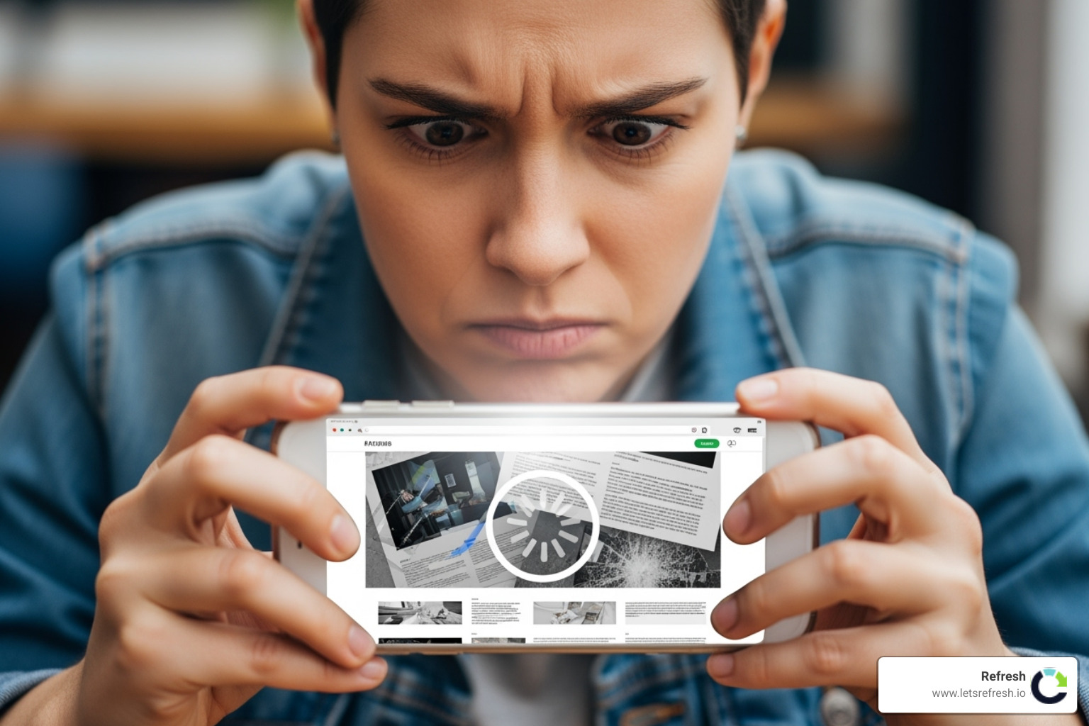 A person looking frustrated at a slow-loading, poorly designed website on a phone - website redesign near me