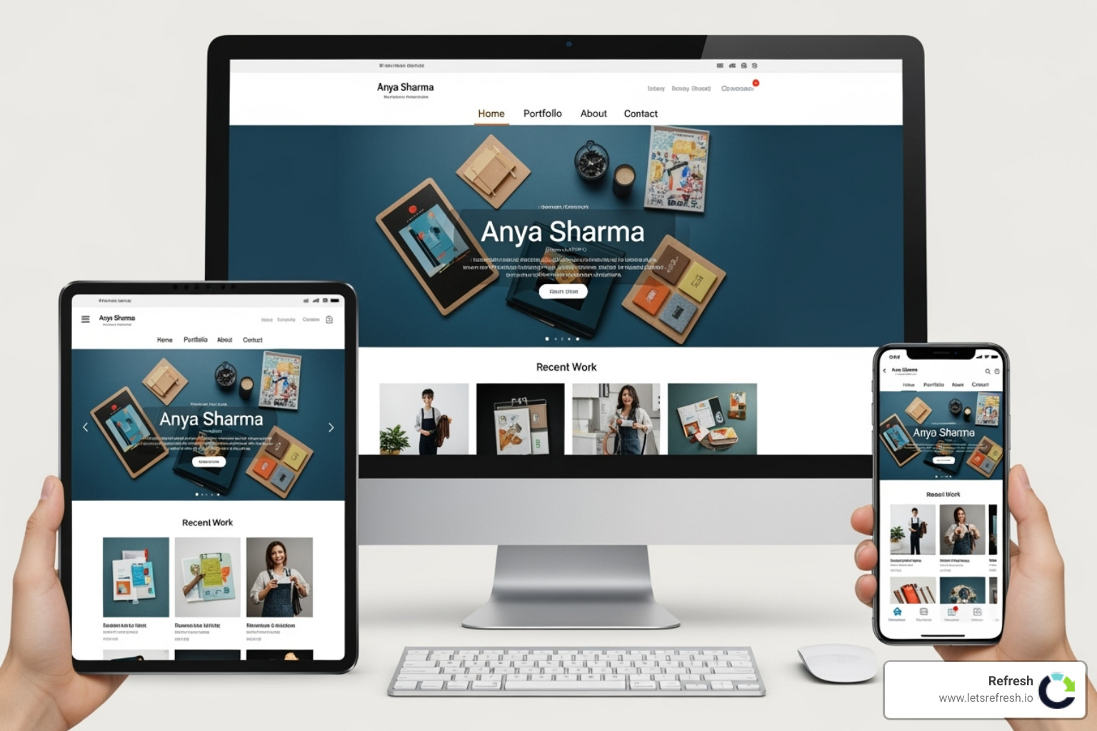 A website's responsive design across a desktop, tablet, and smartphone - website redesign near me