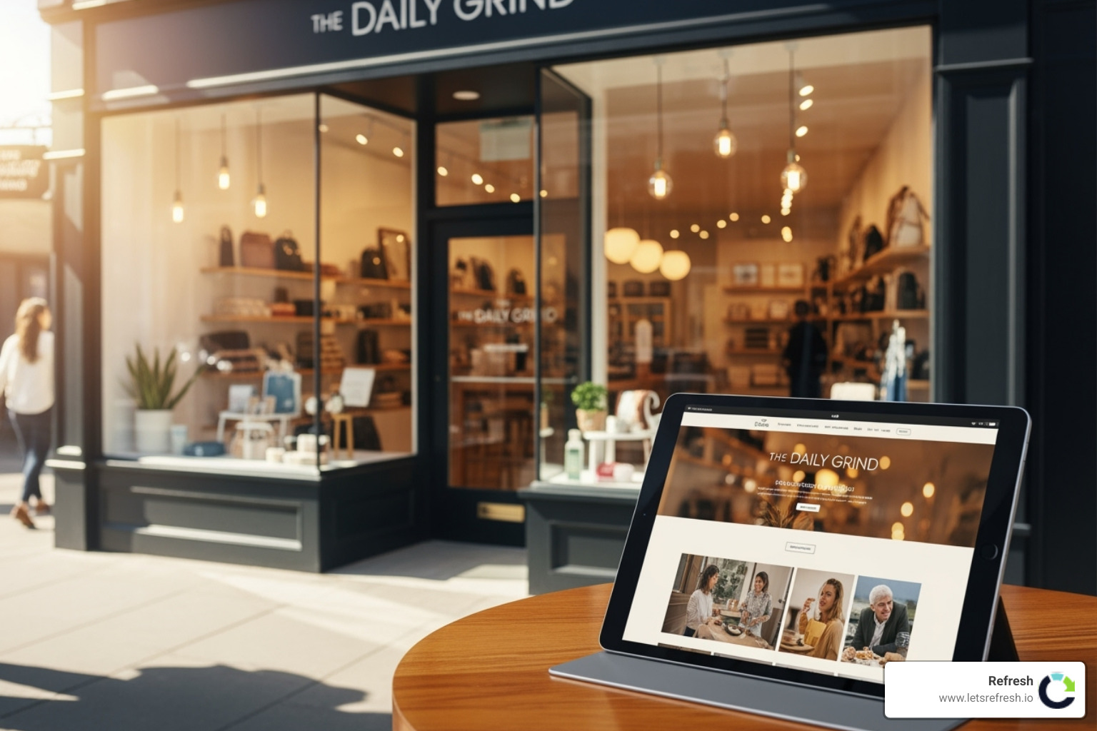 A thriving small business storefront with a matching professional website on a tablet in the foreground - website redesign near me