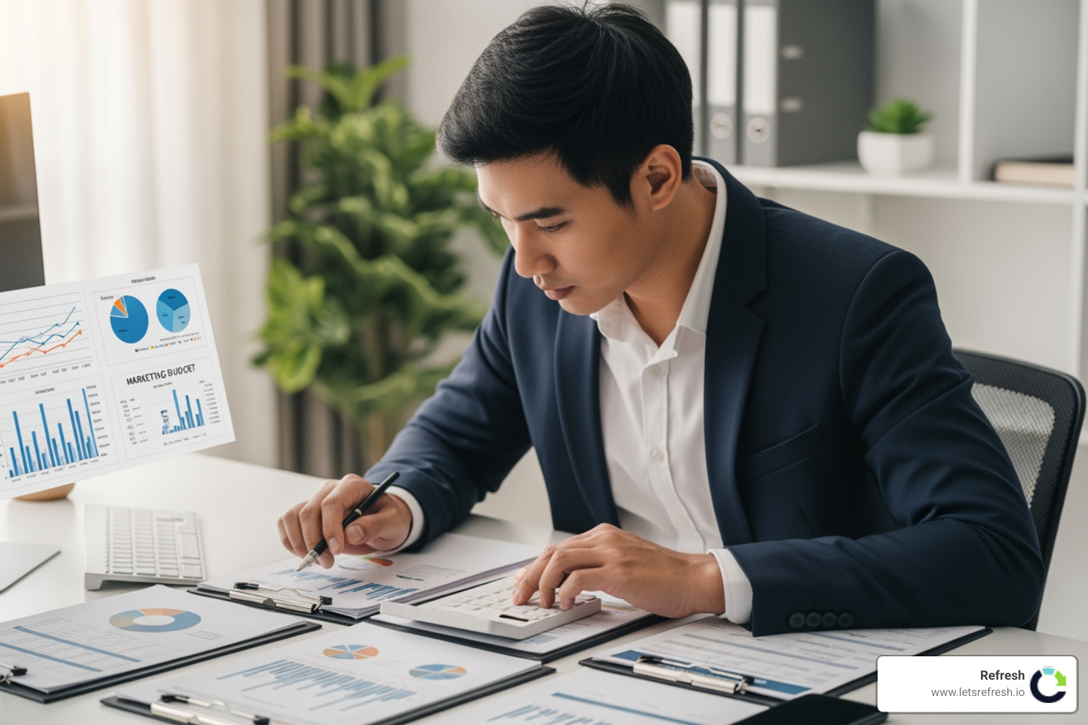 Small business owner planning marketing budget with calculator and charts, stock photo, 2024 - marketing for small business