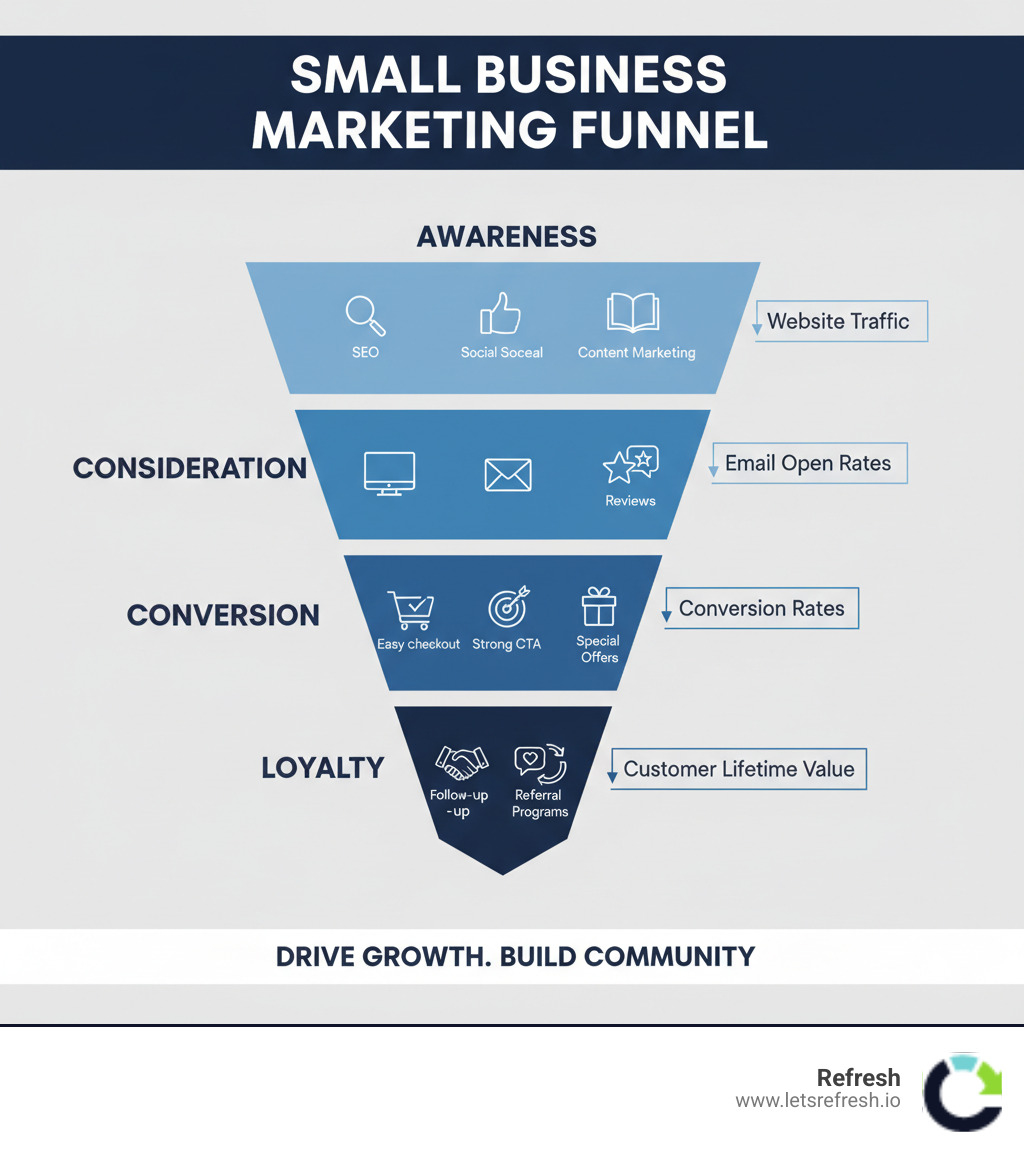 Infographic showing the small business marketing funnel: Awareness (SEO, social media, content marketing), Consideration (website, email, reviews), Conversion (strong CTA, easy checkout, special offers), Loyalty (follow-up, personalized communication, referral programs), with key metrics at each stage including website traffic, email open rates, conversion rates, and customer lifetime value - marketing for small business infographic 
