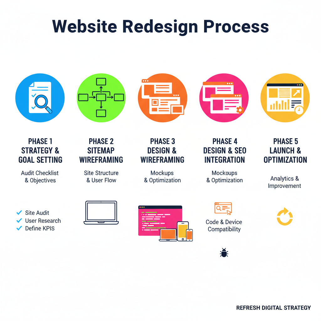 Infographic showing the 5 phases of website redesign: Phase 1 Strategy and Goal Setting with audit checklist, Phase 2 Sitemap and Wireframing with site structure diagram, Phase 3 Design and SEO Integration with mockup screens, Phase 4 Development and Testing with code and device icons, Phase 5 Launch and Optimization with analytics dashboard - Redesign business website infographic 