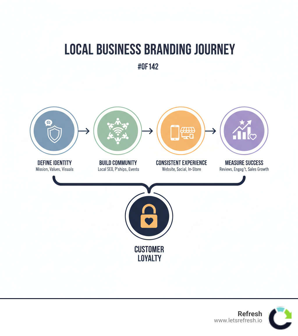 Infographic showing the local business branding journey: starting with defining brand identity (mission, values, visual elements), moving to building community connections (local SEO, partnerships, events), then creating consistent customer experiences (website, social media, in-store), and finally measuring success (reviews, engagement, sales growth) leading to customer loyalty - local business branding infographic Infographic showing the local business branding journey: starting with defining brand identity (mission, values, visual elements), moving to building community connections (local SEO, partnerships, events), then creating consistent customer experiences (website, social media, in-store), and finally measuring success (reviews, engagement, sales growth) leading to customer loyalty - local business branding infographic