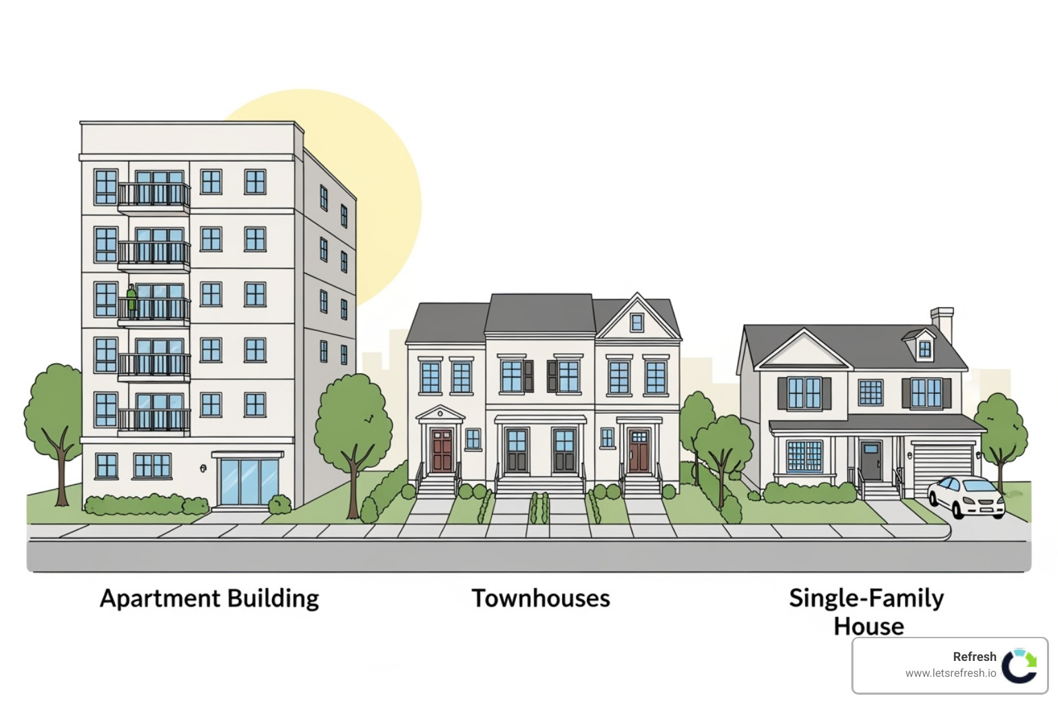 Illustration comparing shared hosting as an apartment, VPS hosting as a townhouse, and dedicated hosting as a single-family house - cheap reliable web hosting