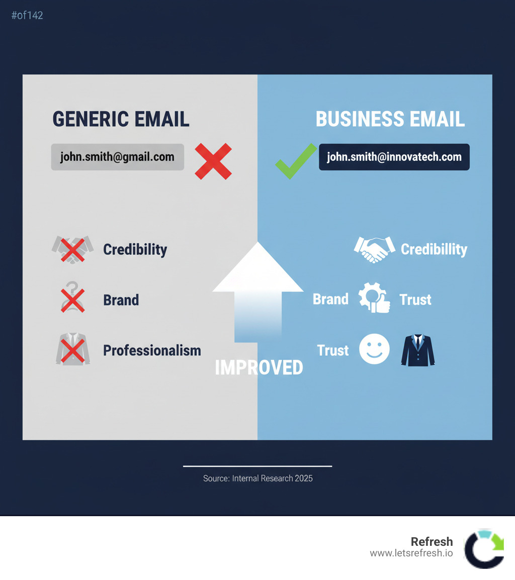 Comparison infographic showing generic email address john.smith@gmail.com versus professional business email john.smith@innovatetech.com, highlighting improved credibility, brand recognition, customer trust, and professional appearance - Business Email Hosting infographic Comparison infographic showing generic email address john.smith@gmail.com versus professional business email john.smith@innovatetech.com, highlighting improved credibility, brand recognition, customer trust, and professional appearance - Business Email Hosting infographic