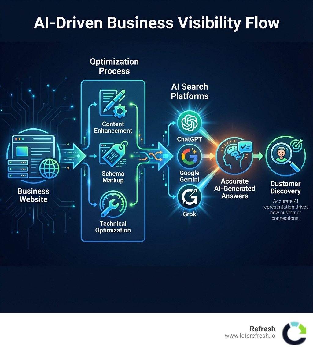 Infographic showing how business information flows from a website through structured data and content optimization to appear in AI-generated search answers, with arrows connecting: Business Website → Content Enhancement + Schema Markup + Technical Optimization → AI Search Platforms (ChatGPT, Google Gemini, Grok) → Accurate AI-Generated Answers → Customer Discovery - GEO Services infographic