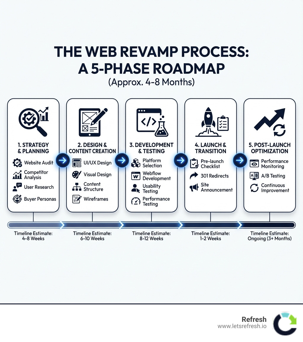 Infographic showing the five phases of a web revamp: 1. Strategy & Planning (website audit, competitor analysis, user research, buyer personas), 2. Design & Content Creation (UI/UX design, visual design, content structure, wireframes), 3. Development & Testing (platform selection, Webflow development, usability testing, performance testing), 4. Launch & Transition (pre-launch checklist, 301 redirects, site announcement), 5. Post-Launch Optimization (performance monitoring, A/B testing, continuous improvement). Each phase includes icons and timeline estimates. - web revamp infographic 