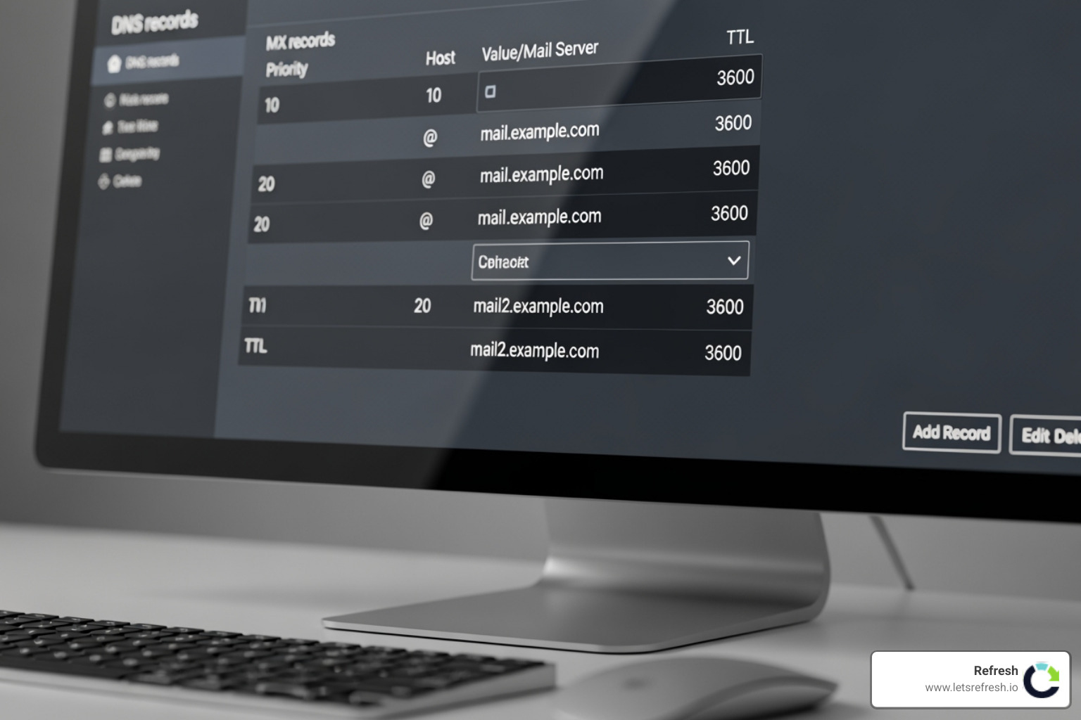 DNS management panel showing MX records - Business Email Hosting DNS management panel showing MX records - Business Email Hosting