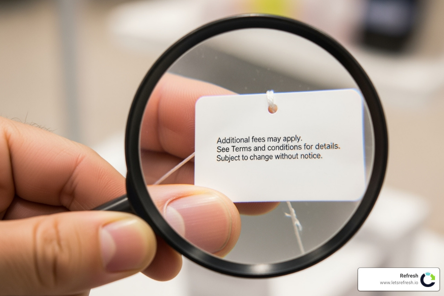 A magnifying glass is held over a price tag, showing intricate fine print that reveals hidden costs and clauses - cheap reliable web hosting