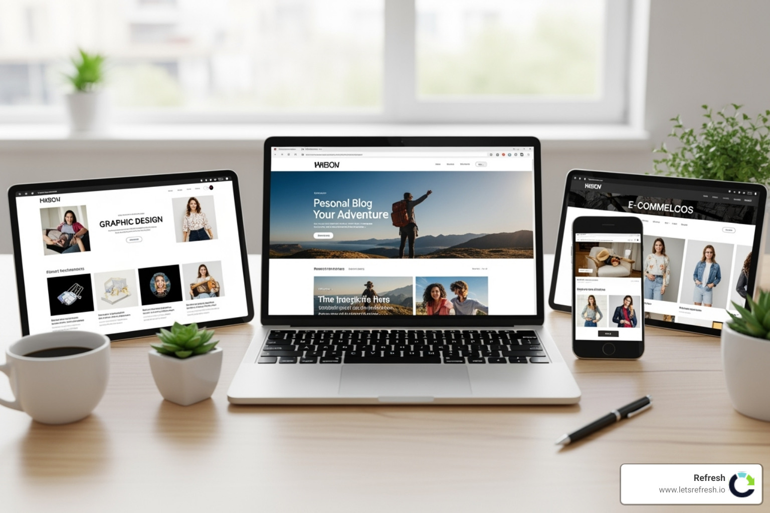 Various types of websites displayed on different devices, including a personal blog, a professional portfolio, and an e-commerce store - cheap reliable web hosting