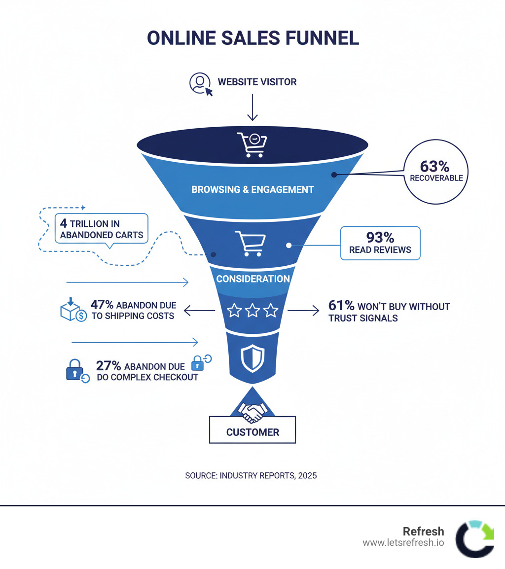 Comprehensive infographic showing the online sales funnel from website visitor to customer, including key conversion statistics: 4 trillion in abandoned carts, 63% recoverable, 93% read reviews before buying, 47% abandon due to shipping costs, 27% abandon due to complex checkout, and 61% won't buy without trust signals - Boost online sales infographic 