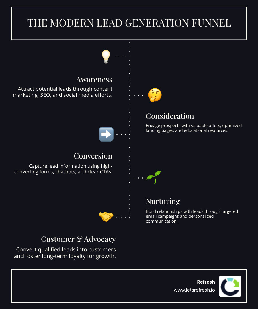 Infographic showing the modern lead generation funnel with stages including awareness through content marketing and SEO, consideration through landing pages and offers, conversion through forms and chatbots, and nurturing through email campaigns and CRM integration, with key metrics at each stage - Drive more leads infographic infographic-line-5-steps-dark