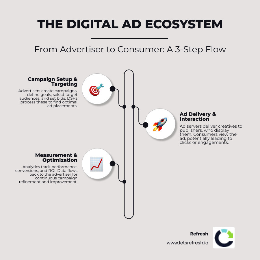 Infographic showing the digital advertising ecosystem: Advertiser creates campaign → Platform (DSP) processes targeting and bidding → Ad server delivers creative → Publisher displays ad → Consumer views/clicks → Analytics track performance → Data flows back to advertiser for optimization - Digital advertising solutions infographic infographic-line-3-steps-elegant_beige Infographic showing the digital advertising ecosystem: Advertiser creates campaign → Platform (DSP) processes targeting and bidding → Ad server delivers creative → Publisher displays ad → Consumer views/clicks → Analytics track performance → Data flows back to advertiser for optimization - Digital advertising solutions infographic infographic-line-3-steps-elegant_beige