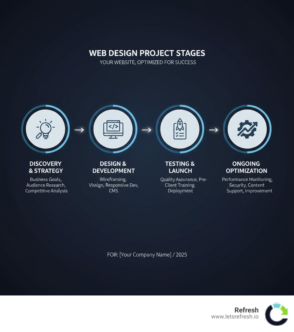 Infographic showing the key stages of a successful web design project: Discovery & Strategy (understanding business goals, target audience research, competitive analysis), Design & Development (wireframing, visual design, responsive development, CMS implementation), Testing & Launch (quality assurance, pre-launch checklist, client training, deployment), and Ongoing Optimization (performance monitoring, security updates, content support, continuous improvement) - Web design agency infographic 