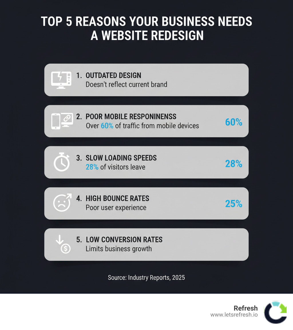 Infographic showing the top 5 reasons businesses need a website redesign: outdated design that doesn't reflect current brand, poor mobile responsiveness with over 60% of traffic from mobile devices, slow loading speeds causing 28% of visitors to leave, high bounce rates indicating poor user experience, and low conversion rates limiting business growth - website redesign agency infographic Infographic showing the top 5 reasons businesses need a website redesign: outdated design that doesn't reflect current brand, poor mobile responsiveness with over 60% of traffic from mobile devices, slow loading speeds causing 28% of visitors to leave, high bounce rates indicating poor user experience, and low conversion rates limiting business growth - website redesign agency infographic