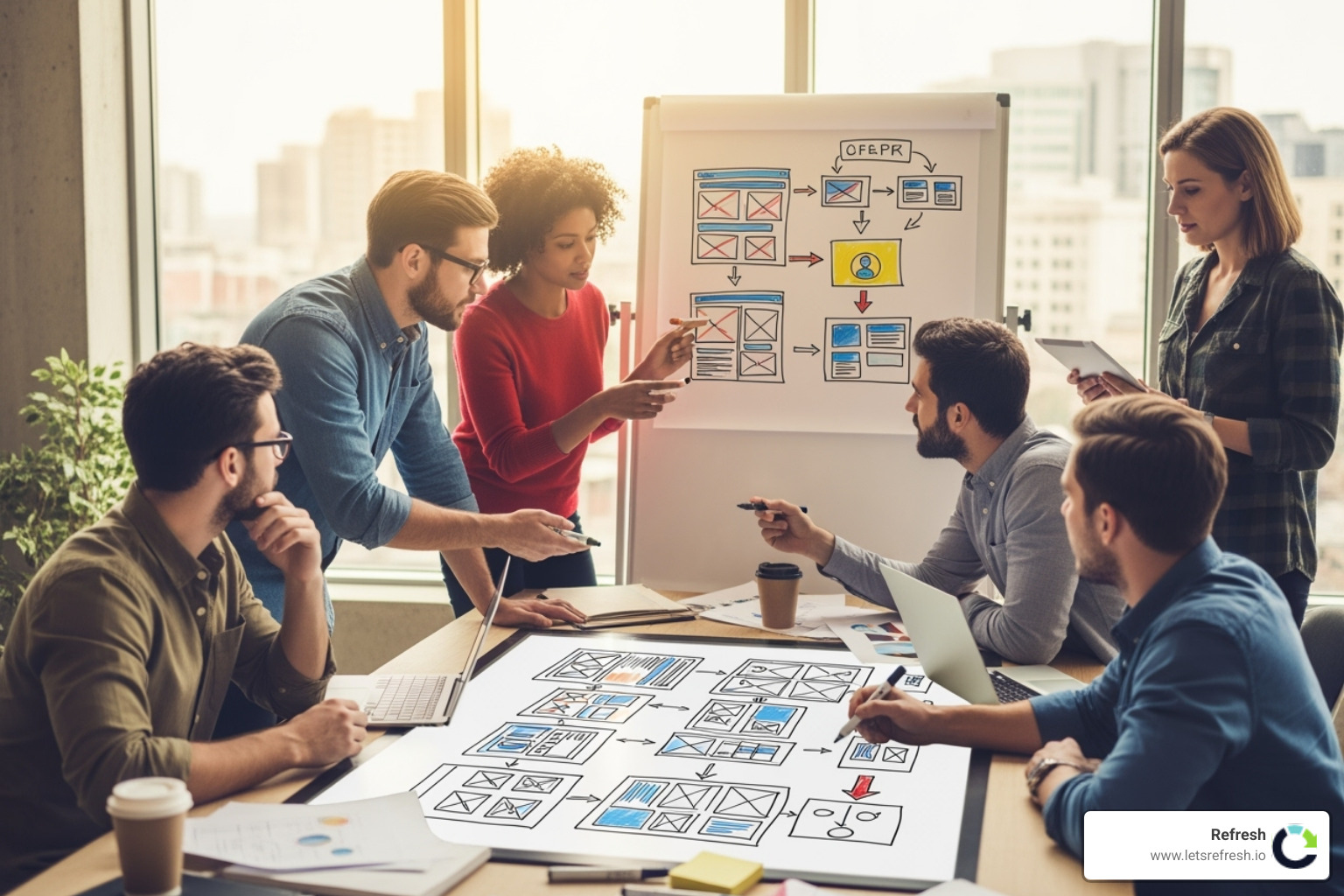 Diverse team collaborating around a whiteboard with website wireframes - website redesign agency Diverse team collaborating around a whiteboard with website wireframes - website redesign agency