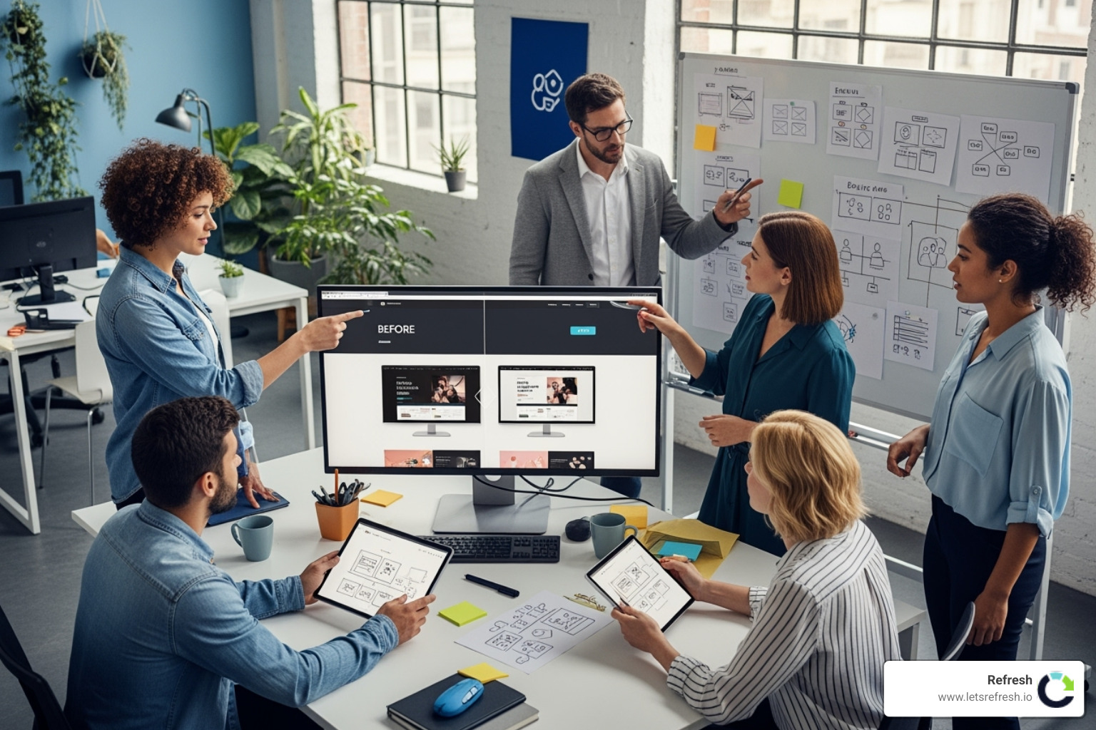 Frustrated user looking at an old, clunky website on a desktop computer - website redesign agency Frustrated user looking at an old, clunky website on a desktop computer - website redesign agency