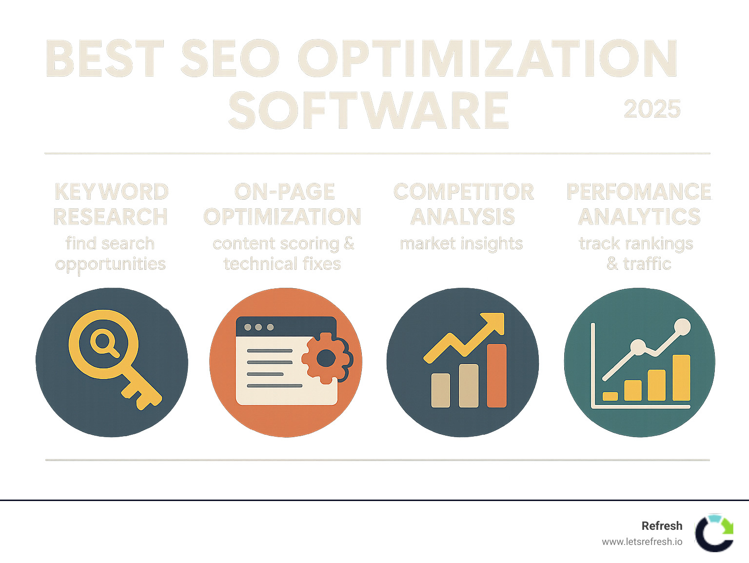 Infographic showing SEO software core functions: Keyword Research tools for finding search opportunities, On-Page Optimization features for content scoring and technical fixes, Competitor Analysis capabilities for market insights, and Performance Analytics for tracking rankings and traffic growth - best seo optimization software infographic 