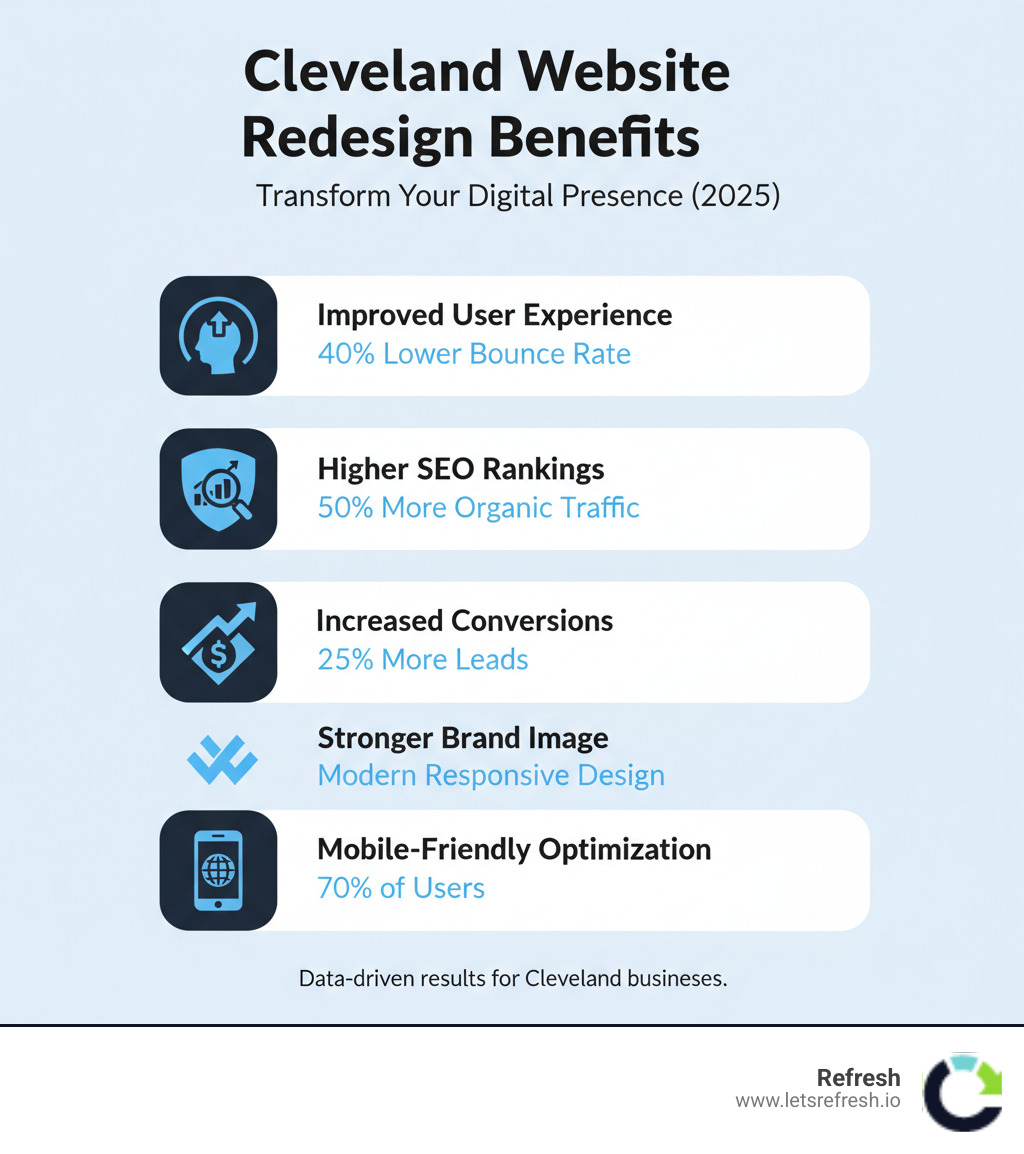 Infographic showing key benefits of website redesign: Improved user experience with 40% lower bounce rates, Higher SEO rankings with 50% more organic traffic, Increased conversions with 25% more leads, Stronger Brand image with modern responsive design, Mobile-friendly optimization for 70% of users - Cleveland website redesign infographic 