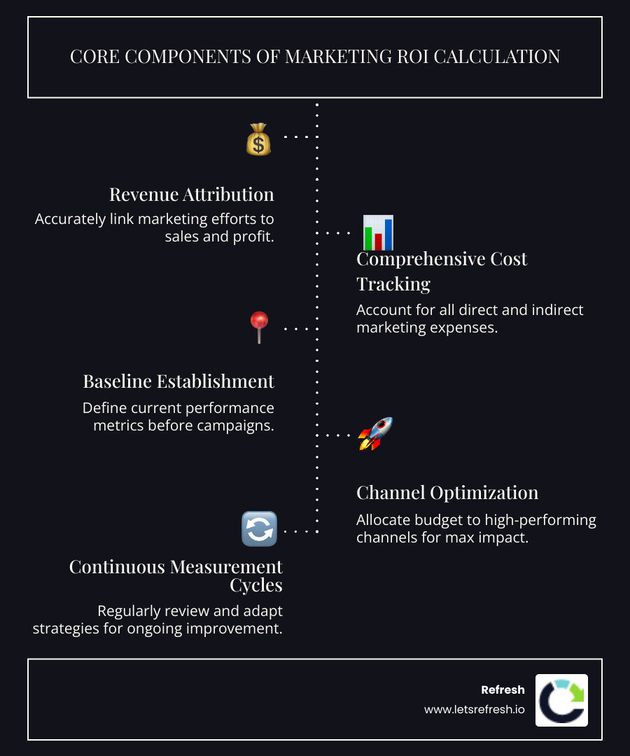 Infographic showing the core components of marketing ROI calculation including revenue attribution, comprehensive cost tracking, baseline establishment, channel optimization, and continuous measurement cycles - Maximize marketing ROI infographic infographic-line-5-steps-dark
