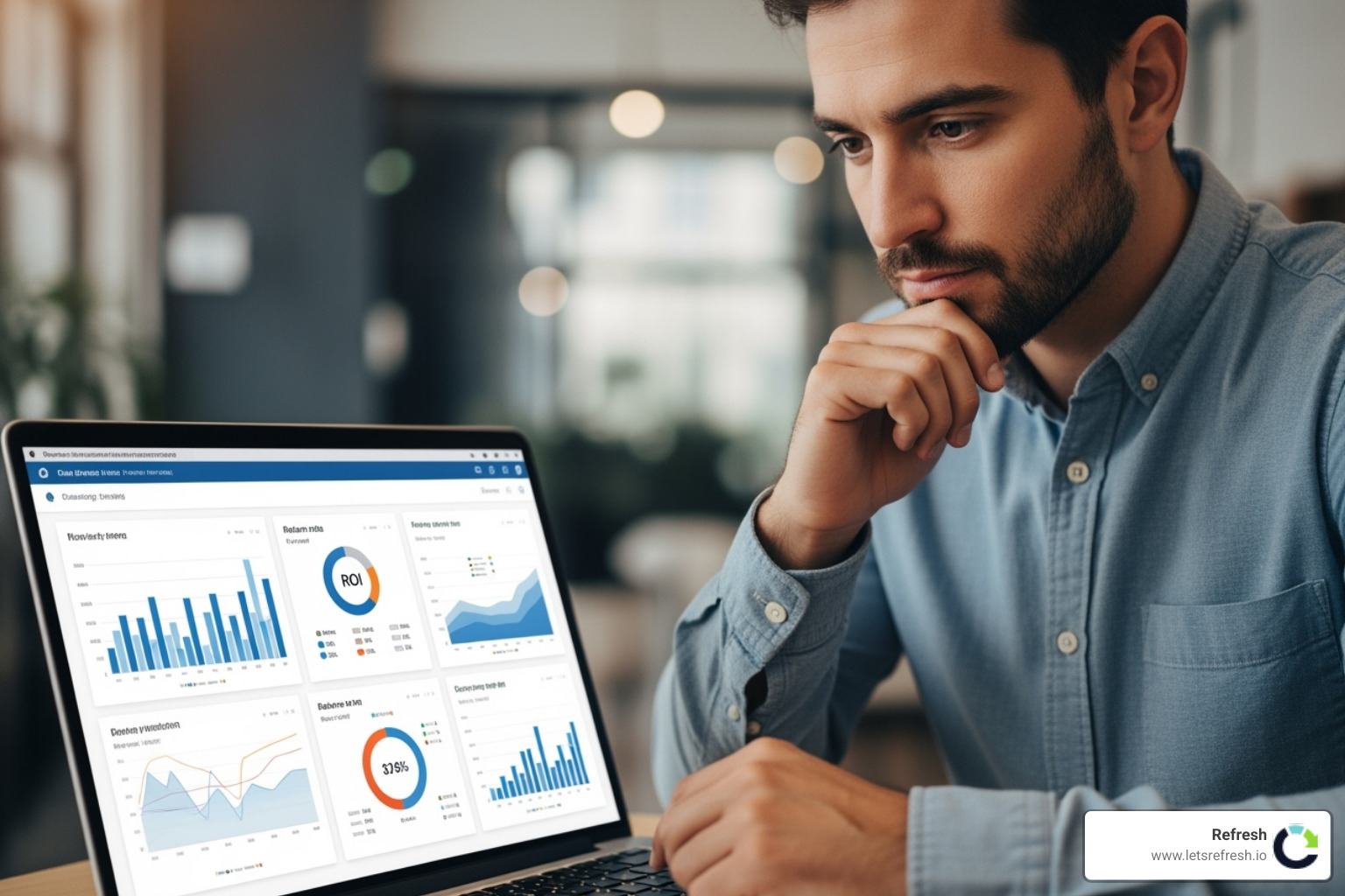Image of a marketer analyzing campaign data on a laptop, with charts and graphs on screen - Maximize marketing ROI