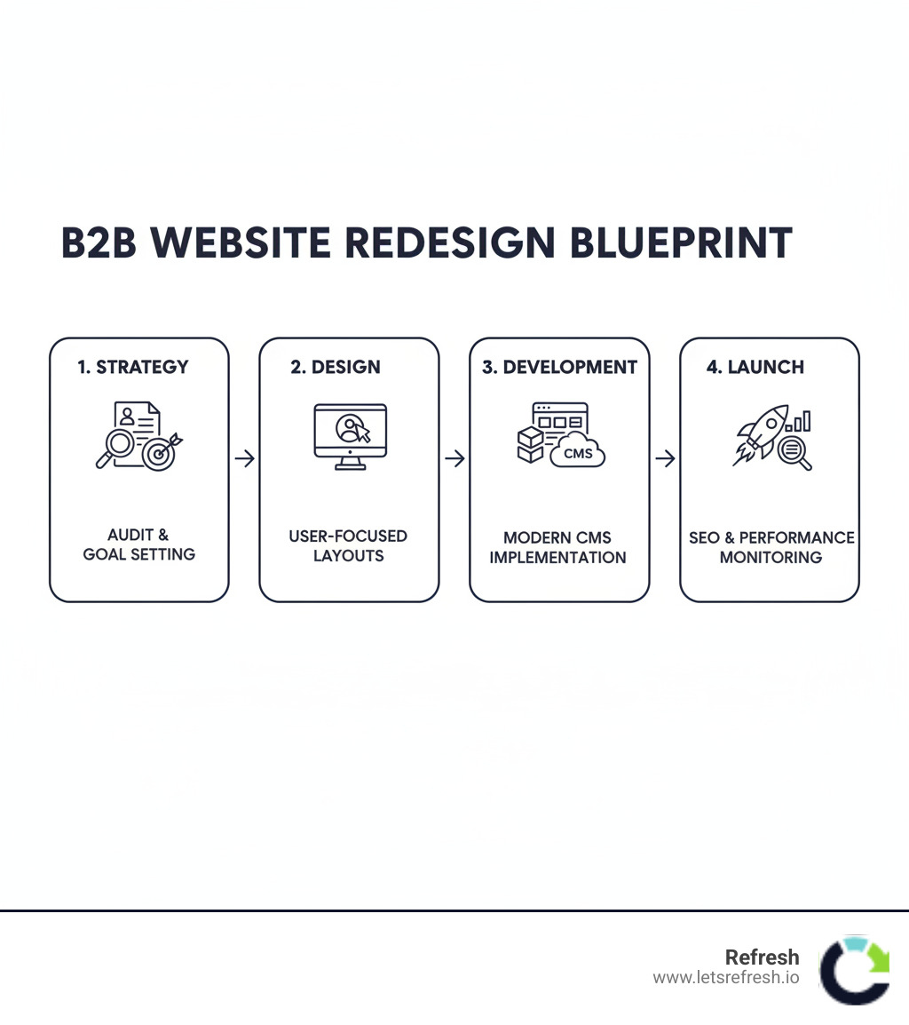 Infographic showing the 4 key phases of a B2B website redesign: Strategy phase with audit and goal setting, Design phase with user-focused layouts, Development phase with modern CMS implementation, and Launch phase with SEO and performance monitoring - B2B website redesign infographic 