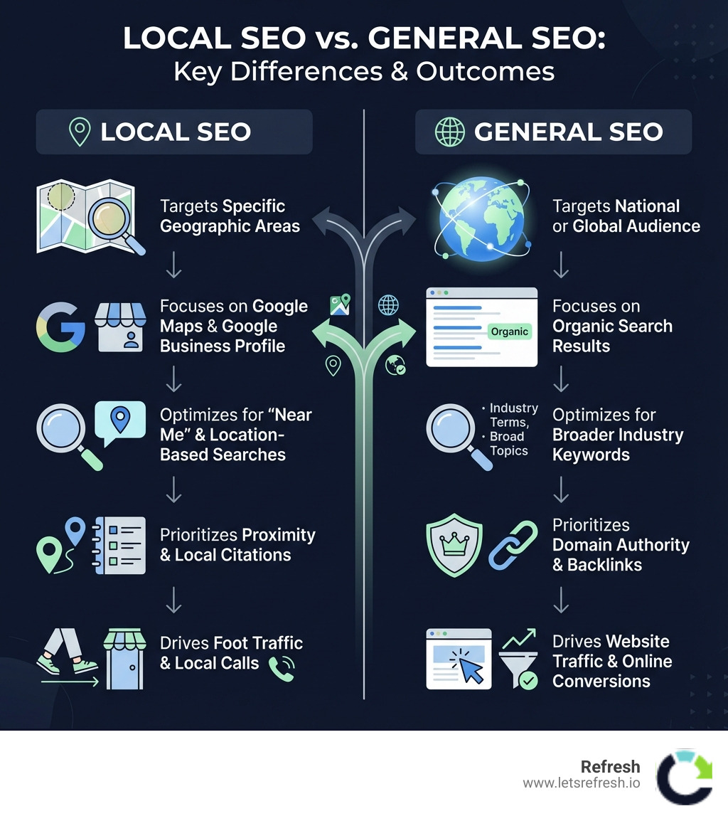 Infographic showing the key differences between Local SEO and General SEO. Local SEO: targets specific geographic areas, focuses on Google Maps and Google Business Profile, optimizes for "near me" and location-based searches, prioritizes proximity and local citations, drives foot traffic and local calls. General SEO: targets national or global audience, focuses on organic search results, optimizes for broader industry keywords, prioritizes domain authority and backlinks, drives website traffic and online conversions. - local SEO company infographic 