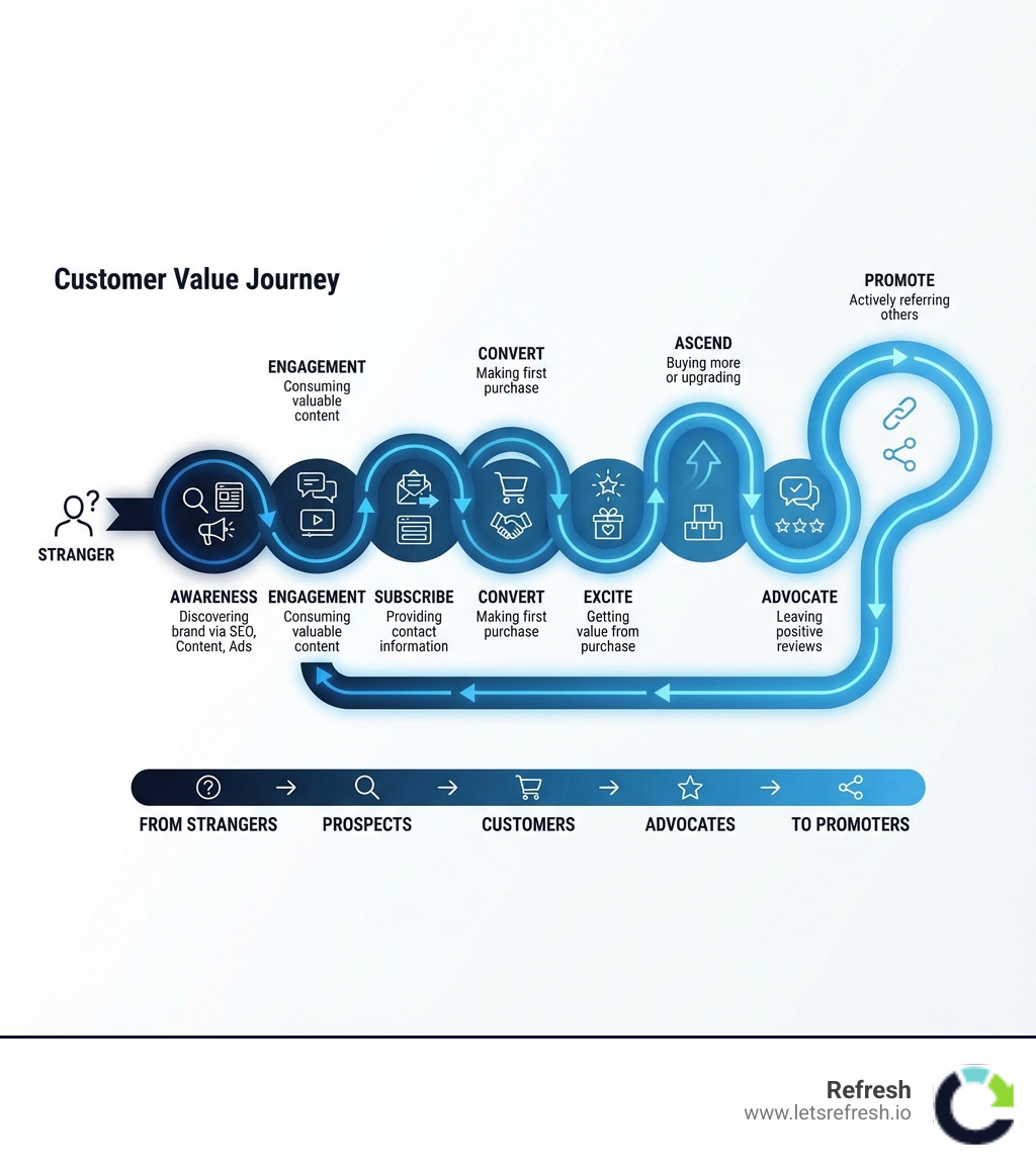 Infographic showing the Customer Value Journey framework with 8 stages: Awareness (discovering your brand through SEO, content, and ads), Engagement (consuming valuable content), Subscribe (providing contact information), Convert (making first purchase), Excite (getting value from purchase), Ascend (buying more or upgrading), Advocate (leaving positive reviews), and Promote (actively referring others). Each stage includes specific digital marketing tactics and shows how prospects move seamlessly from strangers to promoters. - digital marketing solutions infographic Infographic showing the Customer Value Journey framework with 8 stages: Awareness (discovering your brand through SEO, content, and ads), Engagement (consuming valuable content), Subscribe (providing contact information), Convert (making first purchase), Excite (getting value from purchase), Ascend (buying more or upgrading), Advocate (leaving positive reviews), and Promote (actively referring others). Each stage includes specific digital marketing tactics and shows how prospects move seamlessly from strangers to promoters. - digital marketing solutions infographic