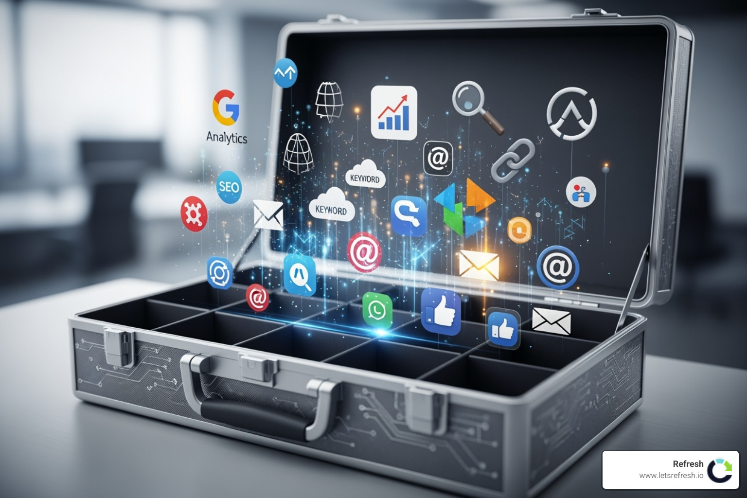 toolbox with various digital tool logos - best free seo tools for small businesses toolbox with various digital tool logos - best free seo tools for small businesses