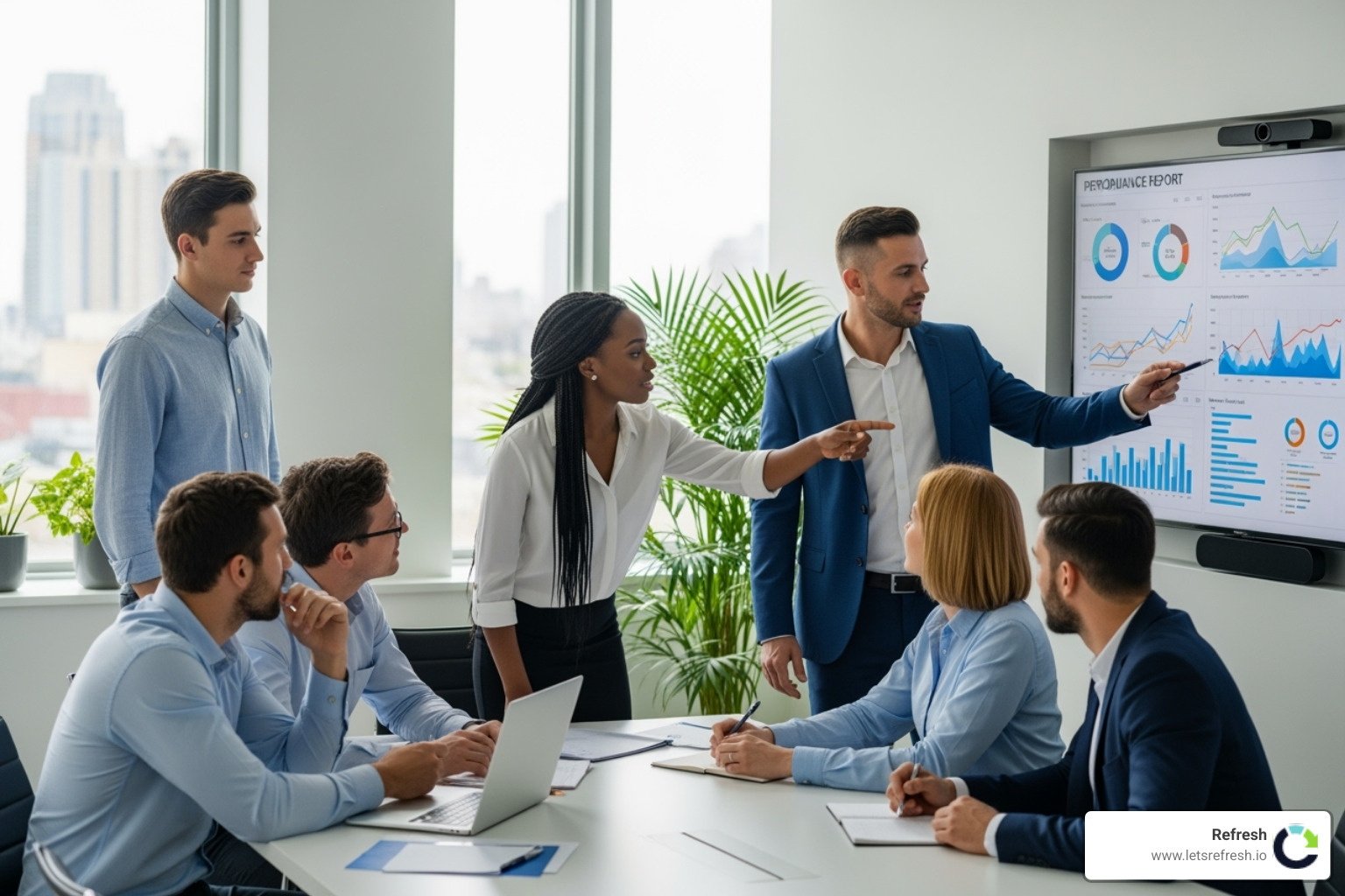 Our team reviewing an SEO performance report on a large screen - SEO Packages for Small Business