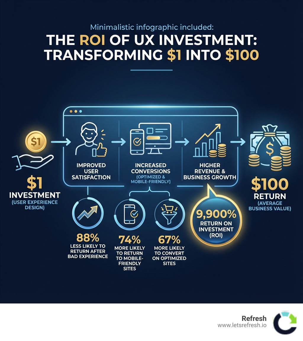 Infographic showing the ROI of UX investment: for every $1 invested in user experience design, businesses see an average return of $100, representing a 9,900% return on investment. The graphic includes icons showing the journey from initial investment through improved user satisfaction, increased conversions, and higher revenue, with key statistics: 88% of users less likely to return after bad experience, 74% more likely to return to mobile-friendly sites, 67% more likely to convert on optimized sites. - web redesign service infographic 