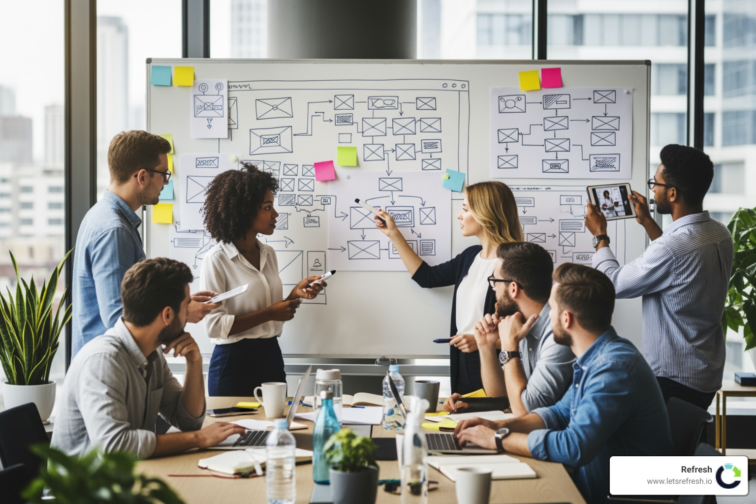 A team of designers and developers collaborating on website wireframes and user flows on a whiteboard, illustrating the strategic planning phase of a web redesign project. - web redesign service