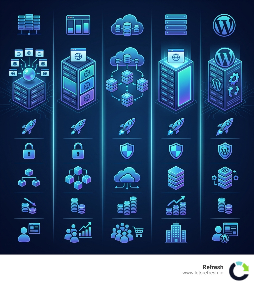 Infographic comparing five types of web hosting: Shared Hosting shows multiple websites on one server with pooled resources, starting at $2-3/month, ideal for beginners and low-traffic sites. VPS Hosting displays isolated server partitions with dedicated resources, $20-60/month, suitable for growing businesses. Cloud Hosting illustrates distributed network of servers with scalable resources, $10-50/month, perfect for high-traffic sites and e-commerce. Dedicated Hosting presents single-tenant server with full resources, $100+/month, designed for enterprise sites. WordPress Hosting features optimized WordPress environment with automatic updates, $10-20/month, best for WordPress-focused sites. Each type includes icons for performance level, security features, and scalability options. - best hosting infographic 