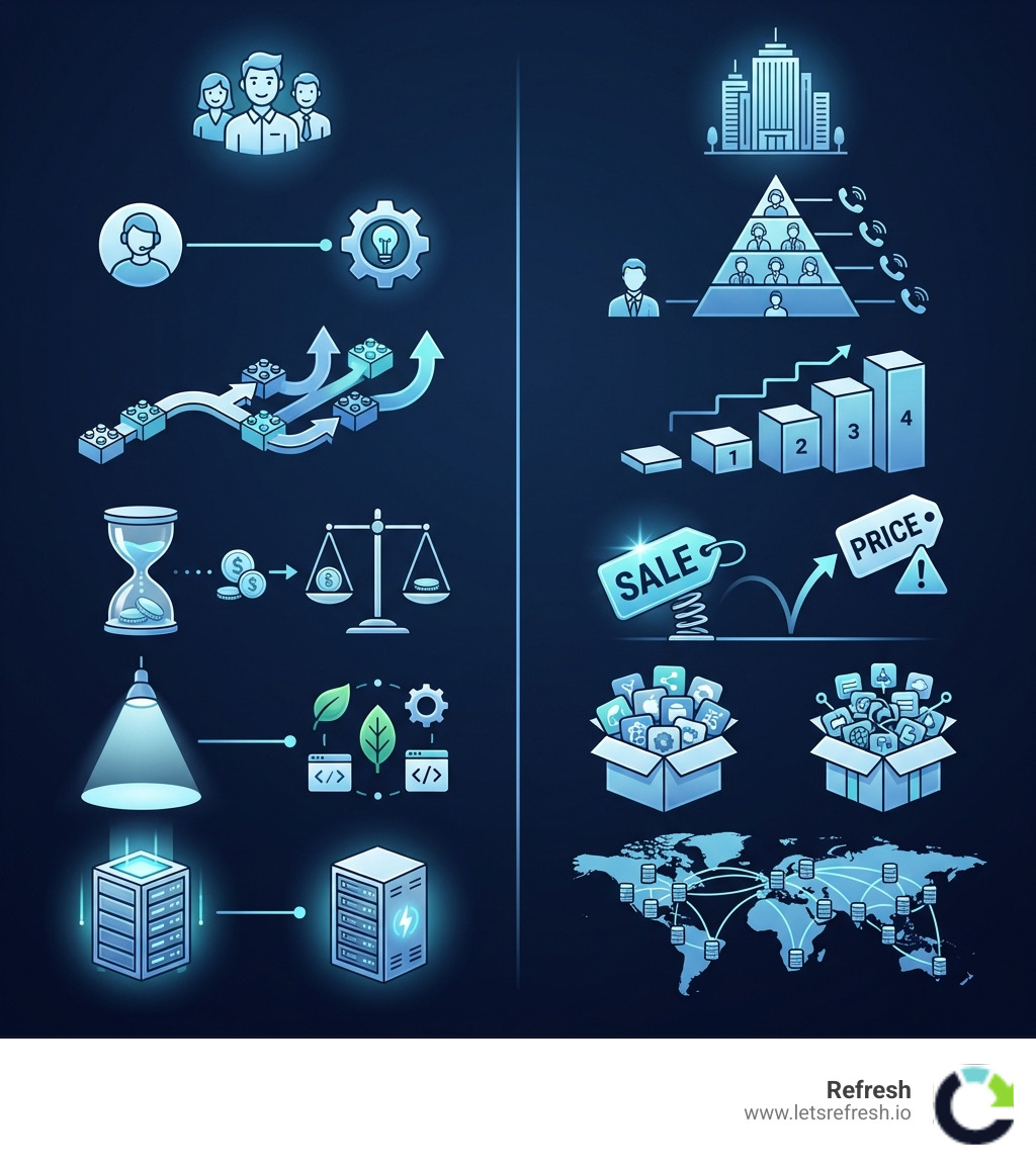 Comparison infographic showing key differences between small and large hosting companies across five categories: Customer Support (small hosts offer direct expert access versus tiered support systems), Scalability (customizable growth paths versus standardized upgrade tiers), Pricing (transparent pay-what-you-use models versus promotional rates with steep renewals), Features (specialized niche services versus comprehensive bundled packages), and Infrastructure (focused quality over quantity versus massive distributed networks) - small hosting companies infographic 