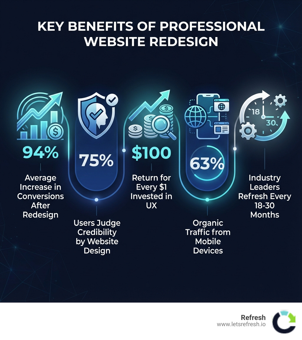 Infographic showing the key benefits of professional website redesign: 94% average increase in conversions after redesign, 75% of users judge credibility by design, $100 return for every $1 invested in UX, 63% of organic traffic from mobile devices, and industry leaders refresh every 18-30 months - best website redesign services infographic 