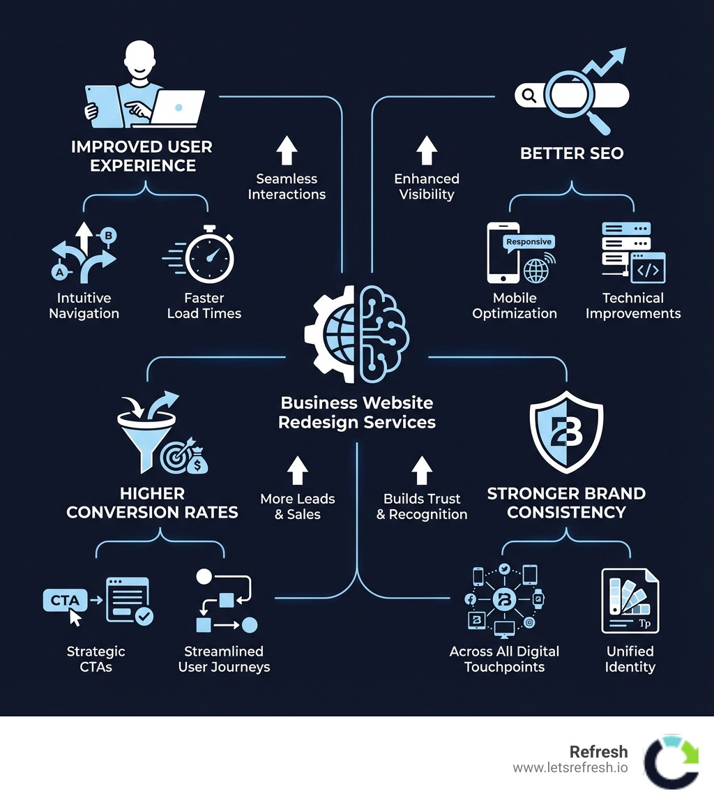 Infographic showing the key benefits of business website redesign services: improved user experience with intuitive navigation and faster load times, better SEO through mobile optimization and technical improvements, higher conversion rates with strategic CTAs and streamlined user journeys, and stronger brand consistency across all digital touchpoints - business website redesign services infographic 
