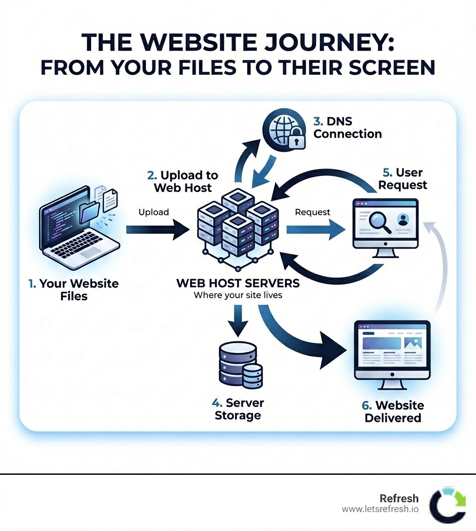 Infographic showing the journey from website files on your computer through DNS lookup, web host servers, and finally rendering in a user's browser, with labels for each step: 1. Your Website Files, 2. Upload to Web Host, 3. DNS Connection, 4. Server Storage, 5. User Request, 6. Website Delivered - which web hosting is best for small businesses infographic 