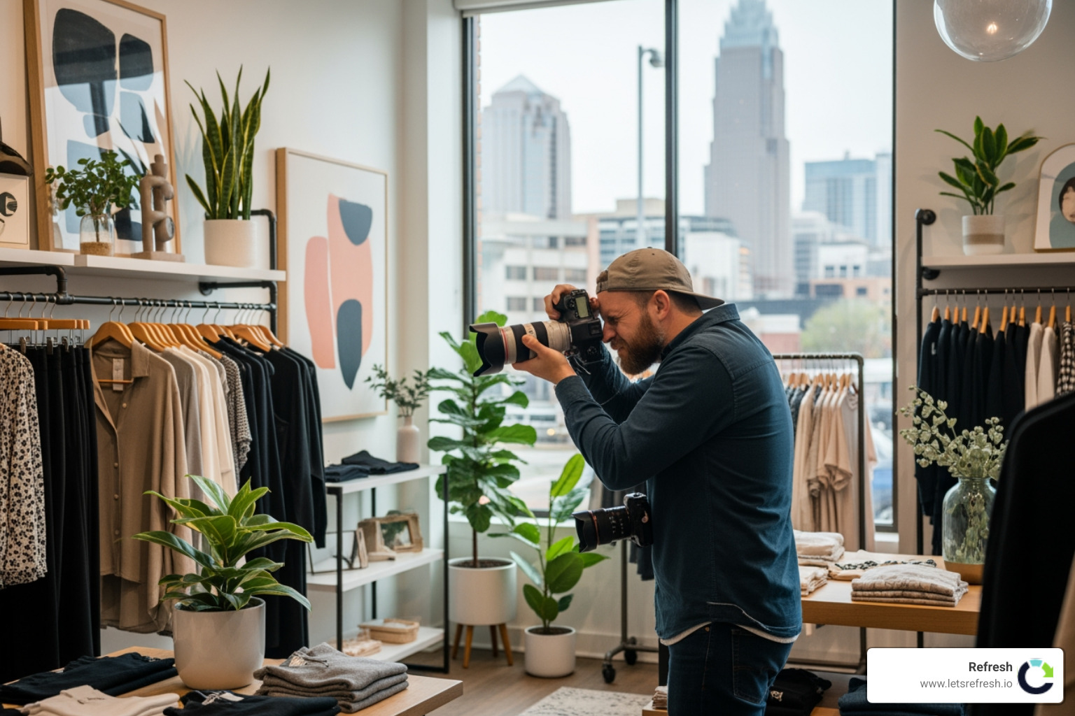 A professional photographer capturing high-quality content for a local Charlotte boutique - social media management charlotte